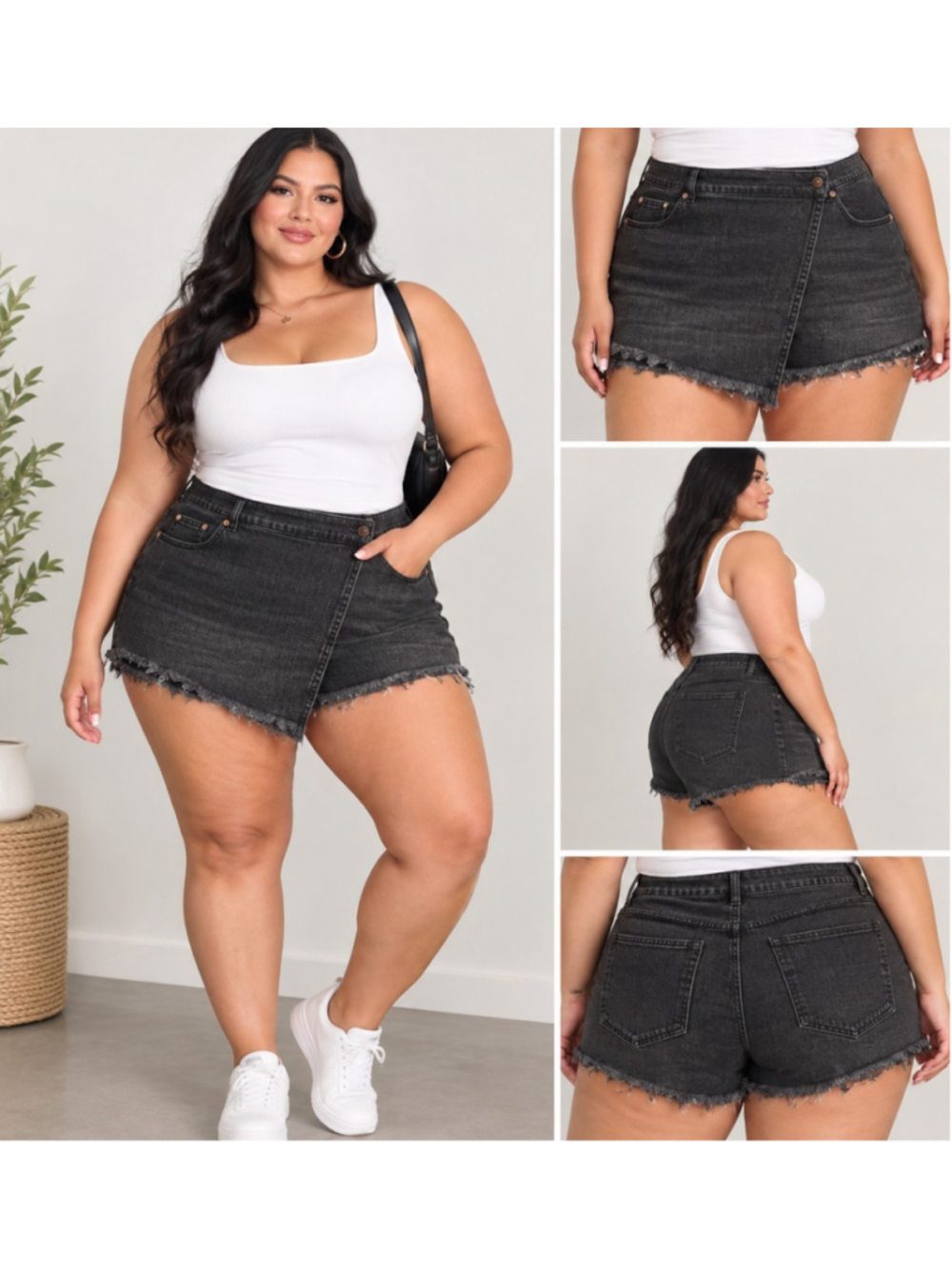 ANTHROPOLOGIE Pilcro Black Denim Distressed Asymmetrical Wrap Shorts Plus Sz 18W